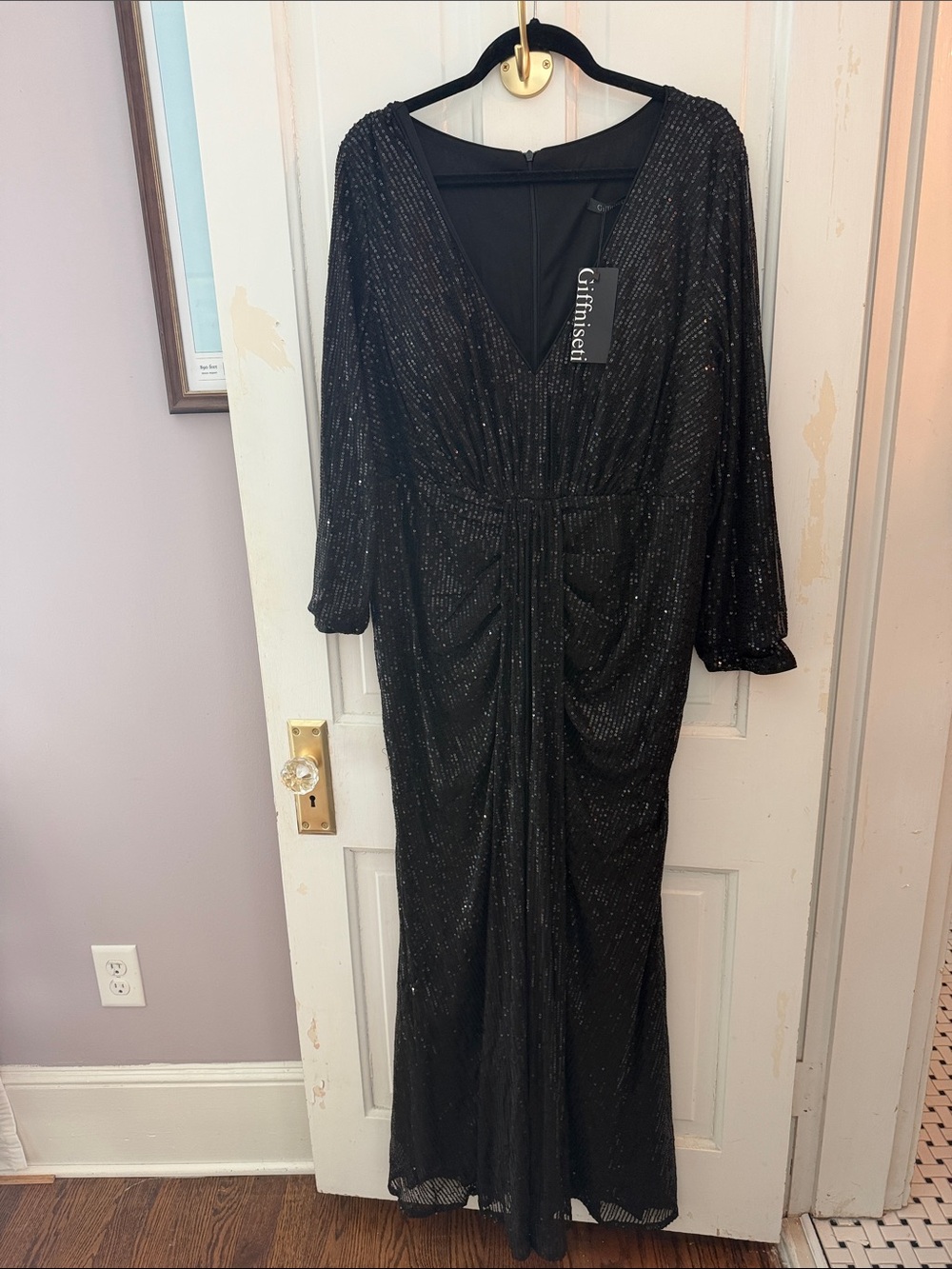 Glintseci Black Long-Sleeve Sparkle Evening Gown